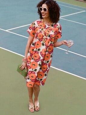 Frances Valentine Floral Easy shift dress, Orange/pink/green poppy print, XS